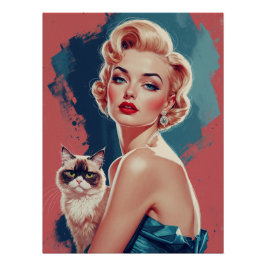 Pôster Pin-up loiro com gato rabugento