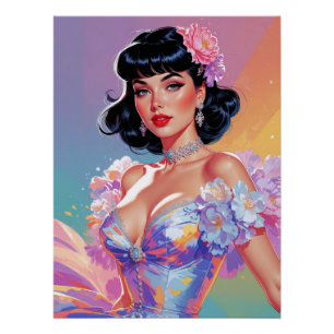 Pôster Pin-Up Preto com Elegância Floral de Bangs