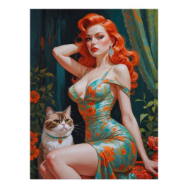 Pôster Pin-Up Redhead com Cat Floral