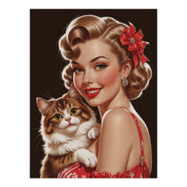 Pôster Pin-up sorridente com Retrato de Gato