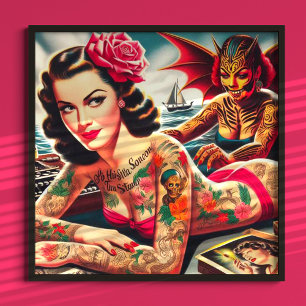Poster Pin-up Tatuado na Vintage