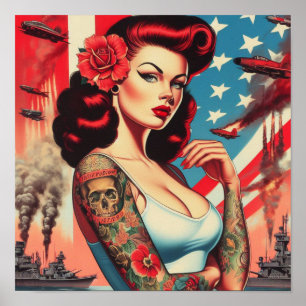 Poster Pin-up Tatuagem de Vintagem Quente