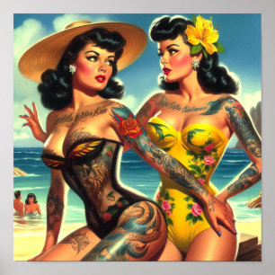 Poster Pin-ups de praia de Vintage tatuada