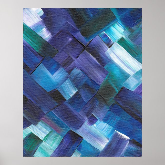 Poster Pinceladas Abstratas em Azul, Turquesa e Roxo (Frente)