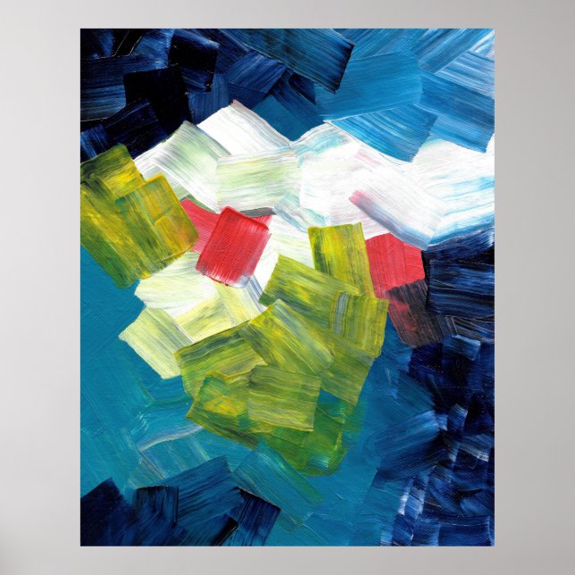 Poster Pinceladas Abstratas em Azul, Verde e Vermelho (Frente)