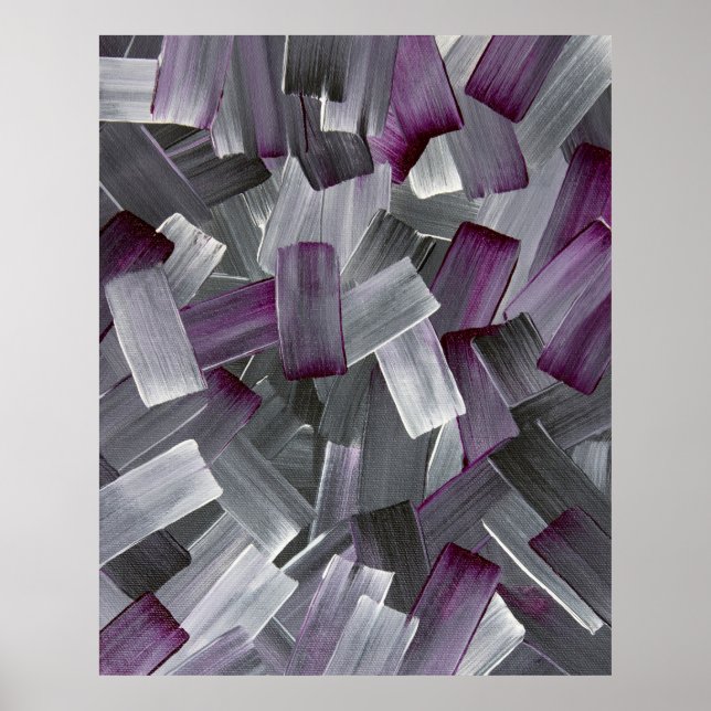 Poster Pinceladas Abstratas em Roxo, Preto e Cinza (Frente)
