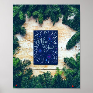 Poster Pine Feliz ano novo Azul e Verde