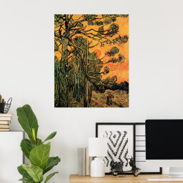 Poster Pine Trees Red Sky Setting Sun por Vincent van Gog