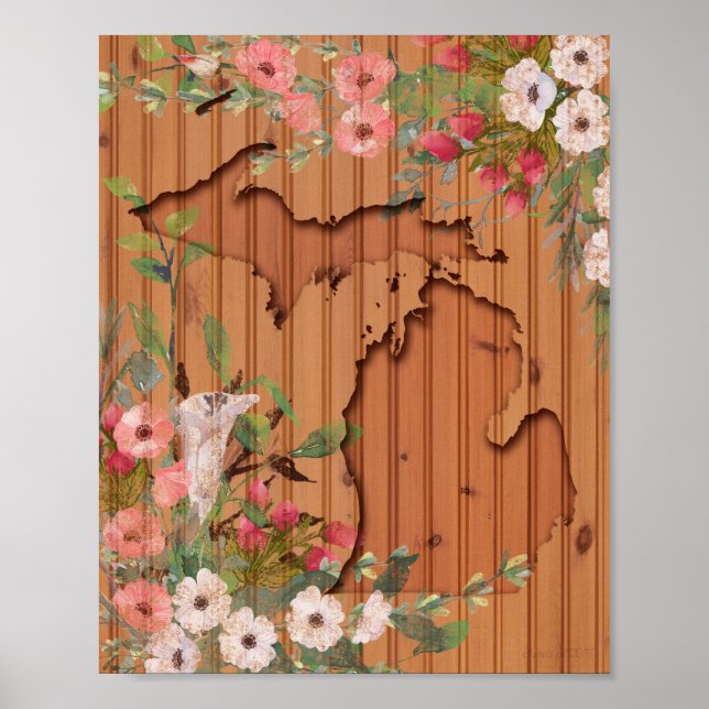 Poster Pine Wood | Carved Michigan Floral (Frente)