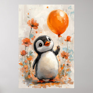 Poster Pinguim alegre com pintura digital de balão laranj