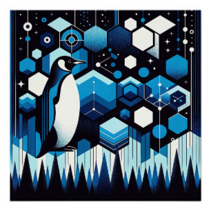 Pôster Pinguim Azul Profundo Na Floresta Antártica De inv