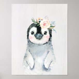 Poster Pinguim Bebê Floral Aquarela, Animais na Neve