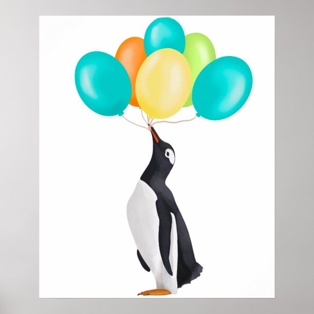 Poster Pinguim com balões coloridos (Frente)