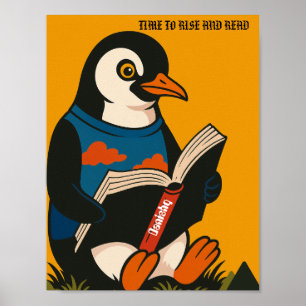 Poster Pinguim Com Um Livro — Hora de Acordar e Ler!