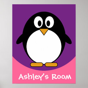 Pôster pinguim de desenho animado bonito púrpura