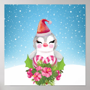 Poster Pinguim de Natal bonito em Papai Noel