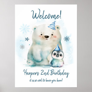 Poster Pinguim e Urso Polar Aniversário de inverno