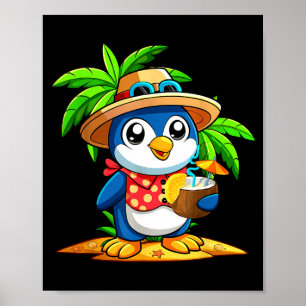 Poster Pinguim engraçado bebendo coco verão havaiano