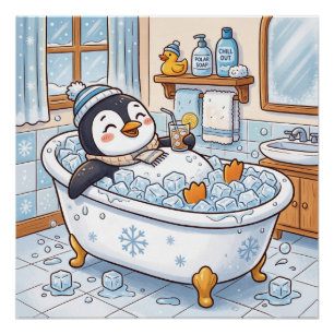 Pôster Pinguim Feliz de Desenho Animado Fofo Tomando Banh