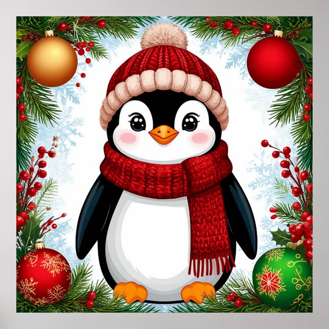 Poster Pinguim Festivo Decorado Com Enfeites de Feriado (Frente)