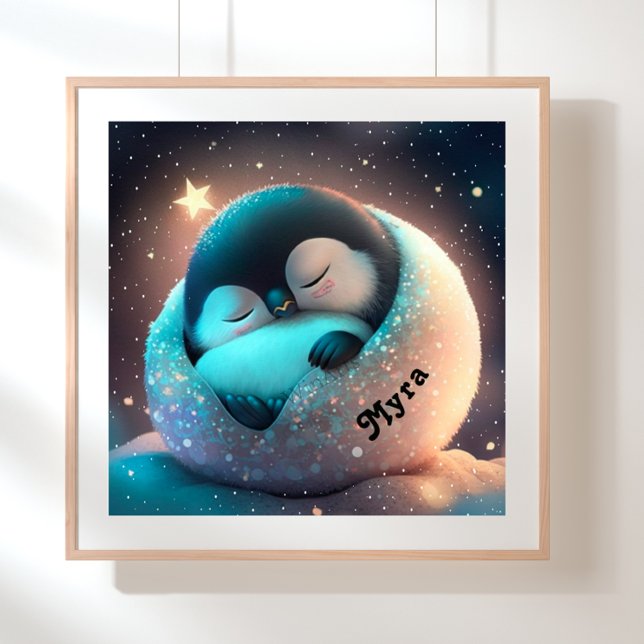 Poster Pinguim Fofo Dormindo Estrelas Arte de Lua para Be (Criador carregado)