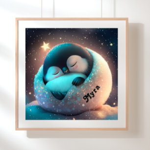 Poster Pinguim Fofo Dormindo Estrelas Lua Arte Berçário