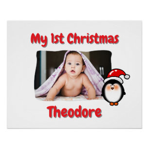 Pôster Pinguim Fofo Primeiro Natal do Bebê Personalizado