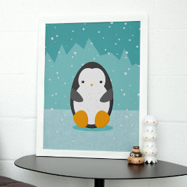 Poster Pinguim giro no desenho azul de inverno