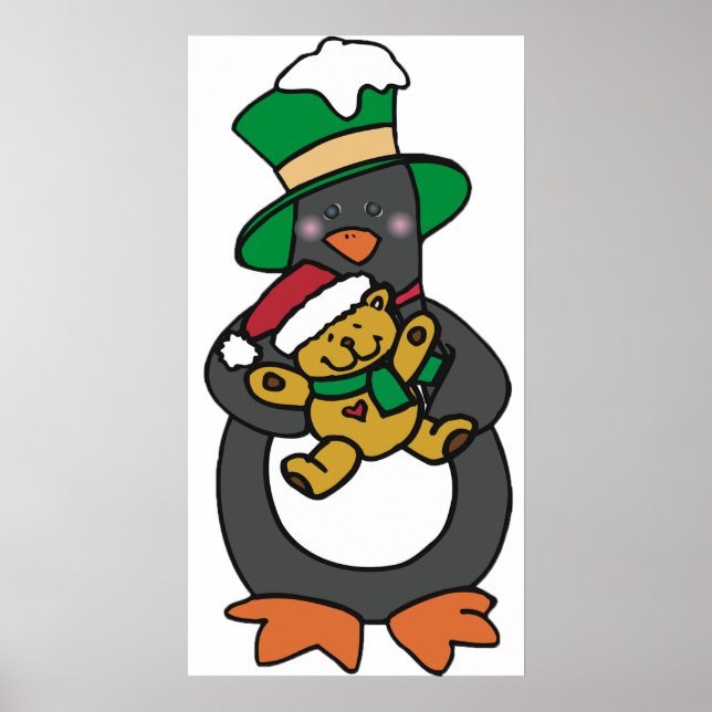 Poster Pinguim Irlandês Segurando Urso de Pelúcia de Nata (Frente)