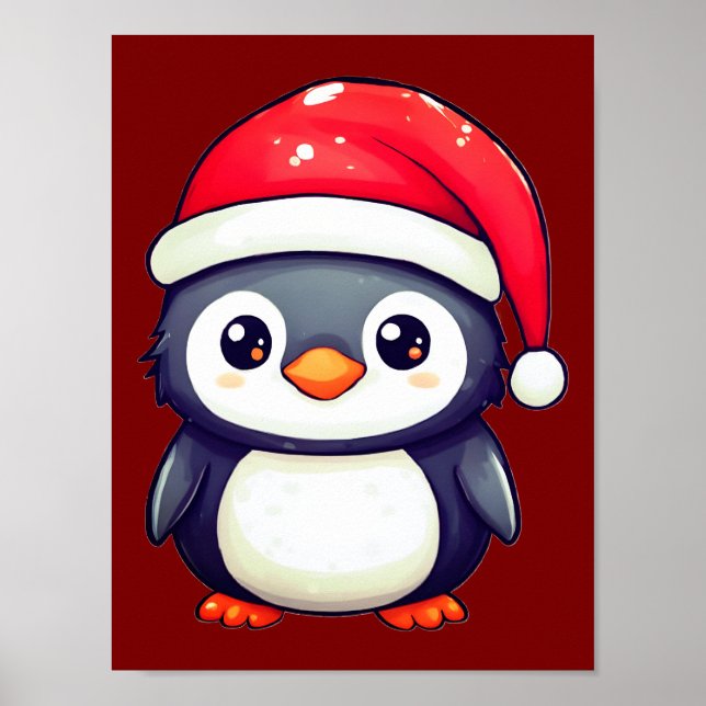 Poster Pinguim Kawaii Vestindo um Chapéu Noel Cozy neste  (Frente)