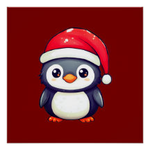 Pinguim Kawaii Vestindo um Chapéu Noel Cozy neste