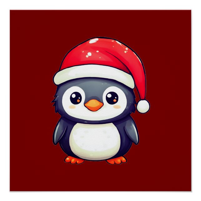 Pôster Pinguim Kawaii Vestindo um Chapéu Noel Cozy neste  (Frente)
