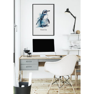 Poster pinguim personalizado em cor azul-d-água