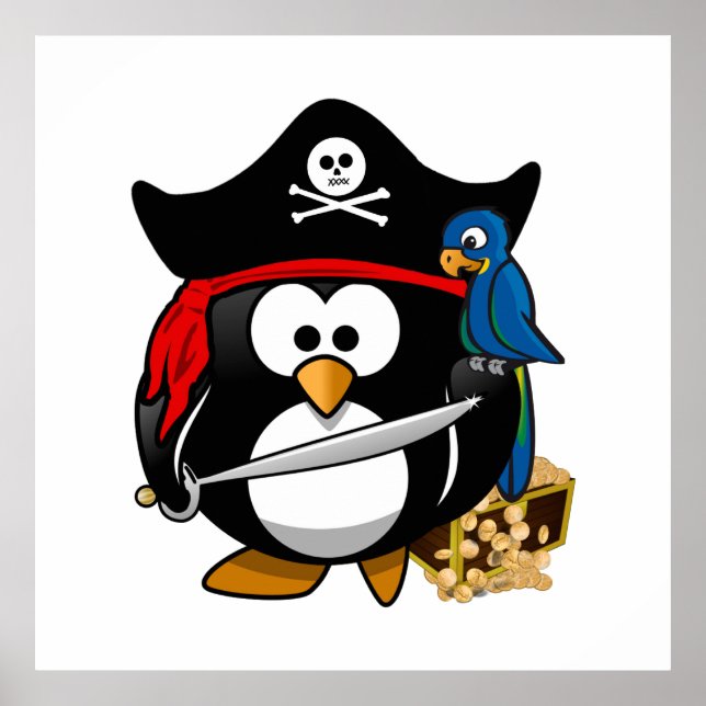 Pôster Pinguim Pirata Bonito com Treasure Chest (Frente)