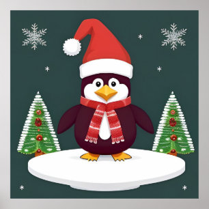 Poster Pinguim Vermelho Festivo com Chapéu de Papai Noel