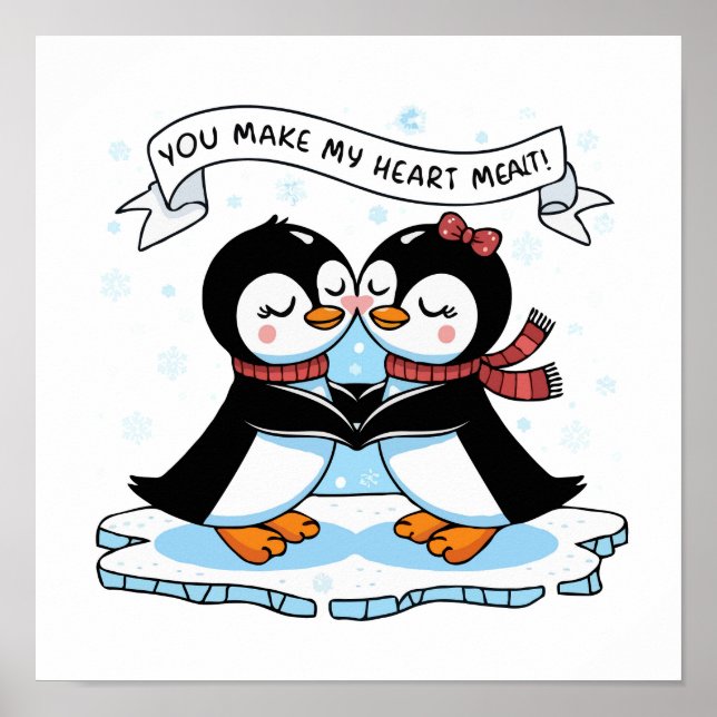 Poster Pinguin Love: Adorável Arte Casal 'Fusão do Coraçã (Frente)