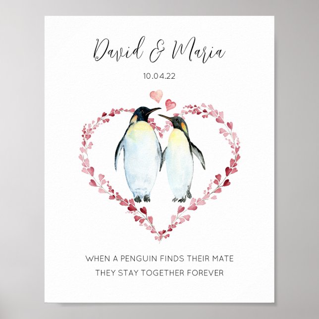 Poster Pinguins Casal Pinguim no Amor Coração (Frente)
