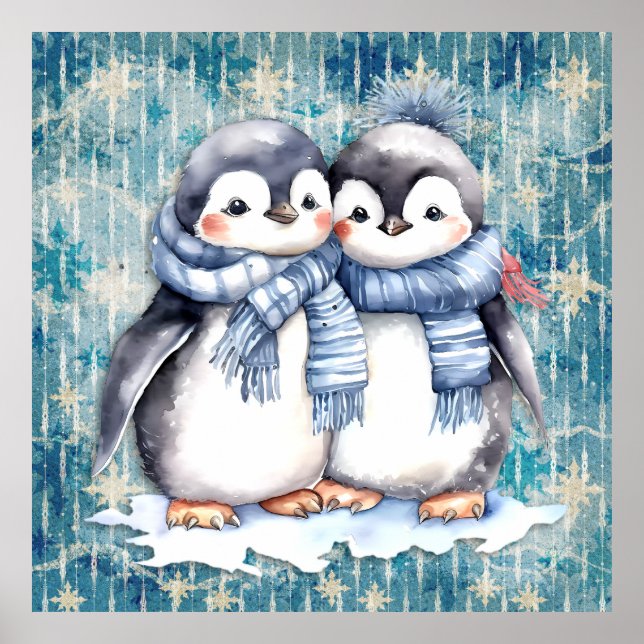 Poster Pinguins de Aquarela Azul-Inverno Escarpando Chapé (Frente)