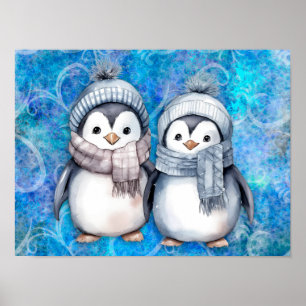 Poster Pinguins de Aquarela Azul-Inverno Escarpando Chapé