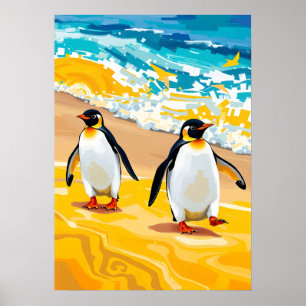 Poster Pinguins de patrulha de praia - Arte oceânica vibr