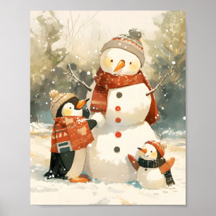 Poster Pinguins Fofos & Boneco de Neve – Aquarela de Inve