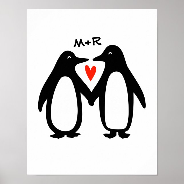 Poster Pinguins Segurando Mãos Iniciais Personalizadas de (Frente)