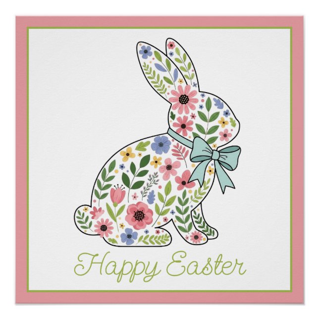 Pôster Pink and Blue Wildflower Easter Rabbit (Frente)