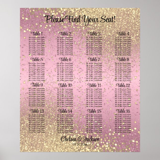 Poster Pink and Gold Confetti - 16 Seating Chart (Frente)