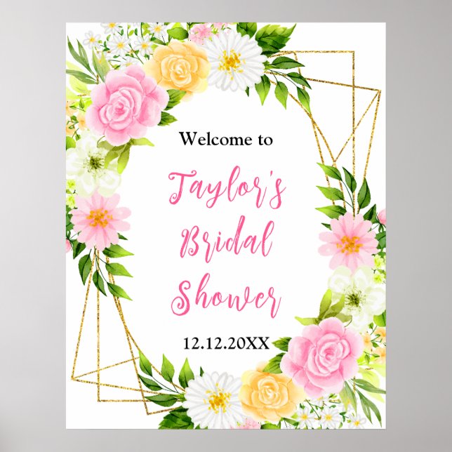 Poster Pink and Yellow Floral Bridal Shower Welcome Sign (Frente)