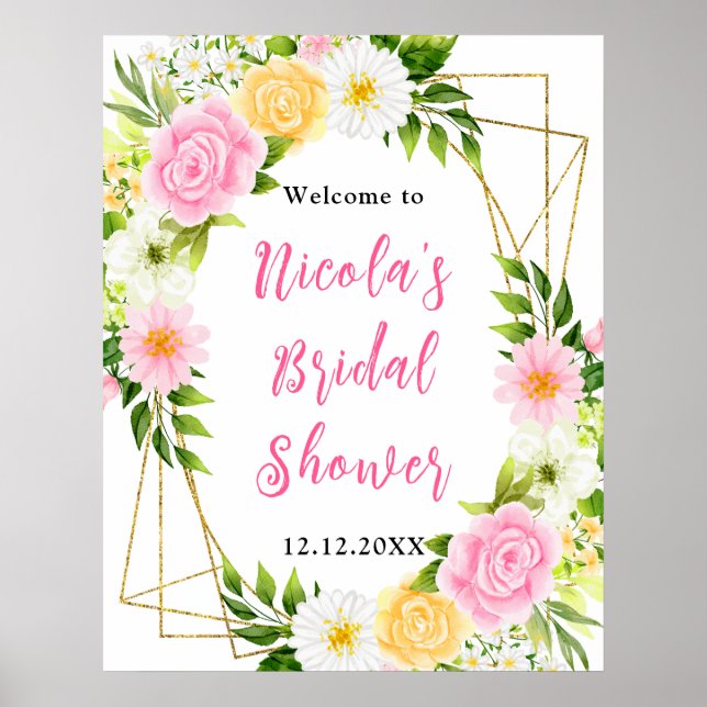 Poster Pink and Yellow Flower Bridal Shower Welcome (Frente)