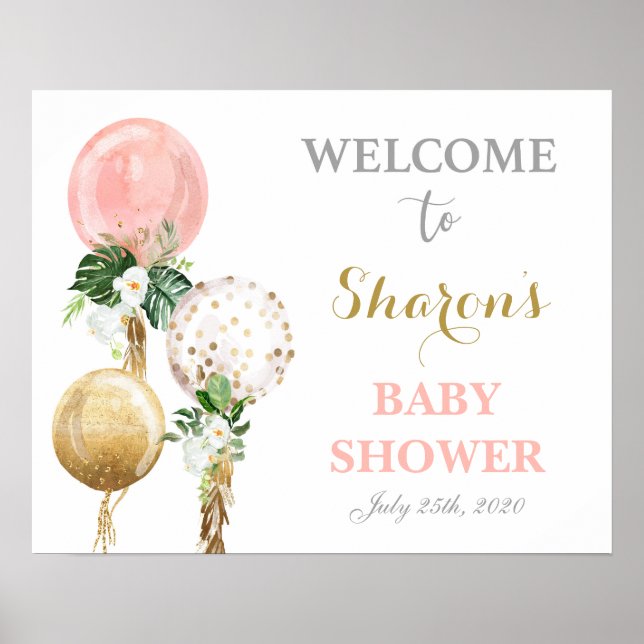 Poster Pink balloons baby shower girl welcome sign (Frente)