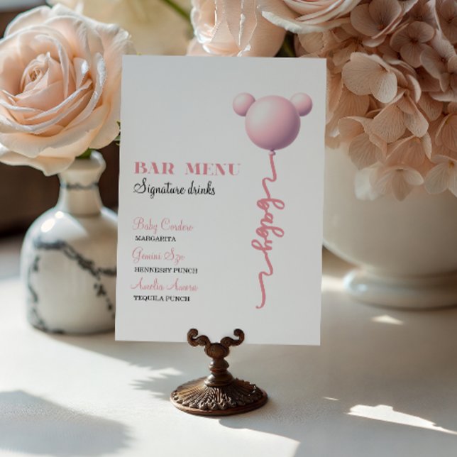 Poster Pink Bear Balloon Signature Drinks Bar Menu (Criador carregado)