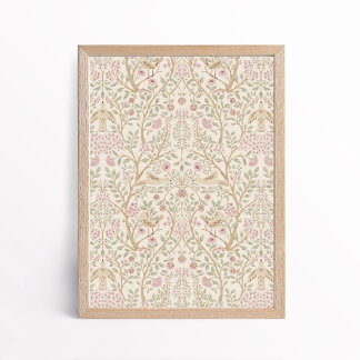 Poster Pink Bege Estético Pássaros em Árvores Botânico