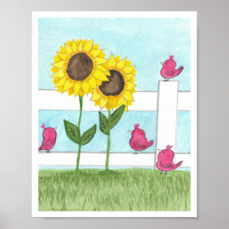 Poster Pink Birds & Sunflowers
